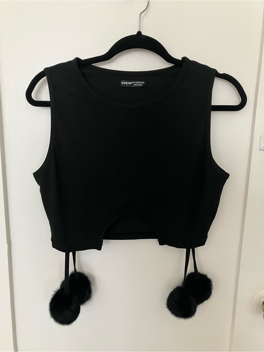 SHEIN Black Crop Top with Pom-Pom Tie Accents, size L